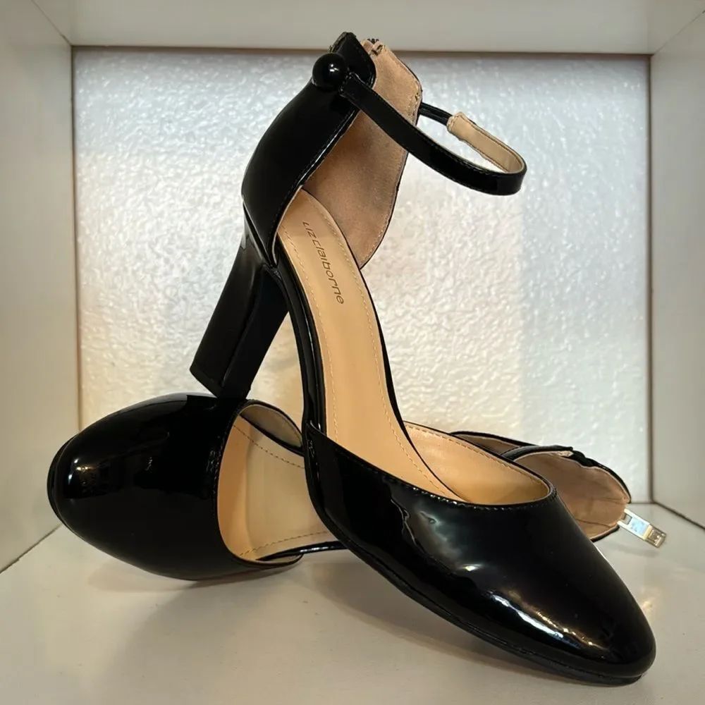Liz Claiborne Winnie Ankle Strap Black Block Heel Patent Leather Career Shoes